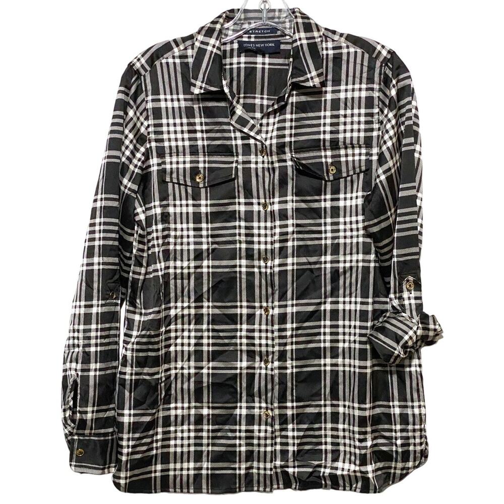 Jones New York Plaid Roll Tab Sleeves Button Shirt Womens S Stretch Classic